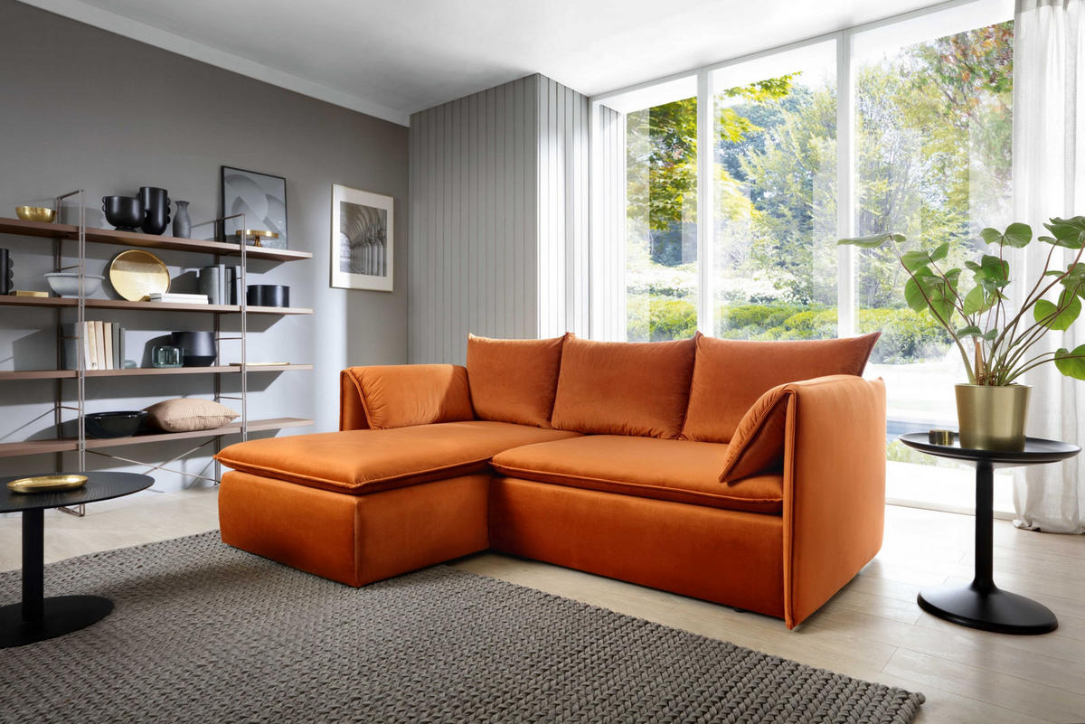 ECKSOFA PREGIO Orange Plüsch-Stoff mit Schlaffunktion - Orange, Holz (230/166cm) - MASSENO