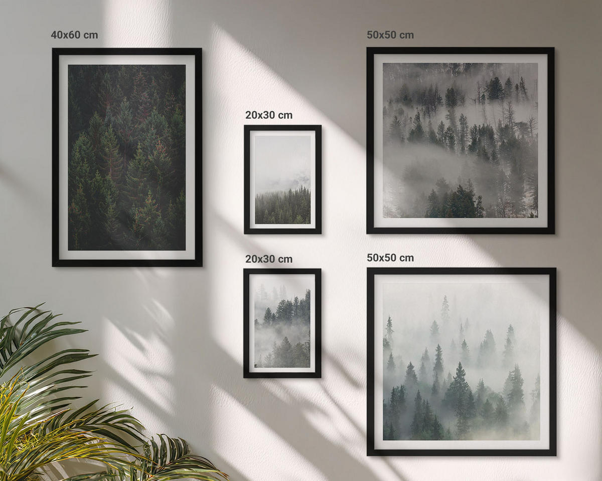WANDBILDER 5er-Set - 50x50 cm & 20x30 cm & 40x60 cm Schwarzer Rahmen - Grüne Wälder, neblige Landschaft - Schwarz, Kunststoff (40/60cm) - ArtPrintCave