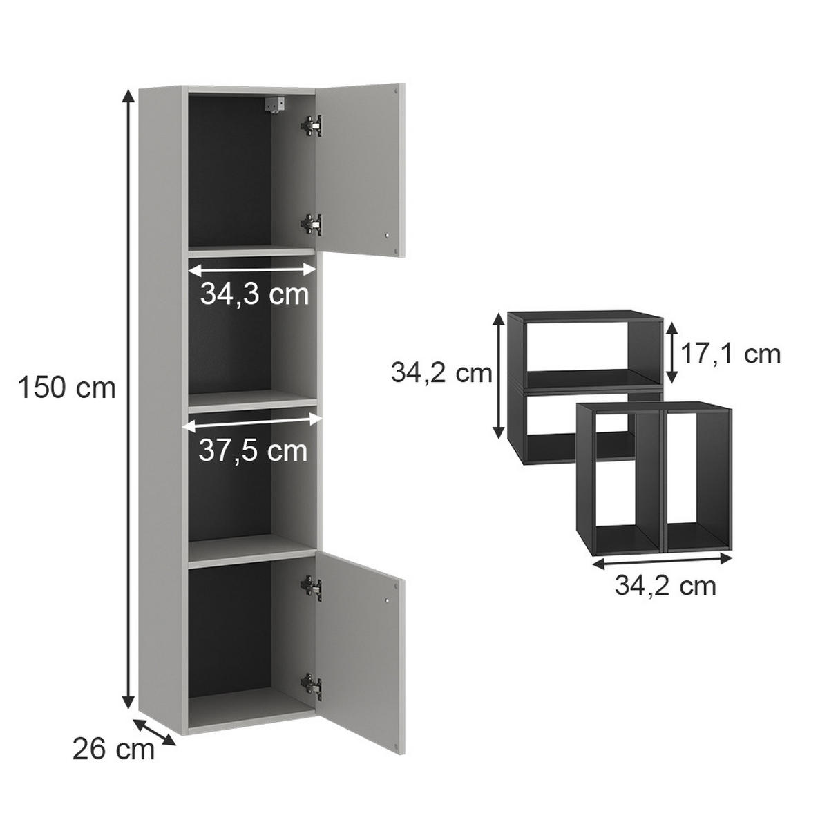 BADSCHRANK Gerta Grau 37.5 x 150 cm mit Tür und offenen Fächern - Grau, Holzwerkstoff (37.5/150/26cm) - Vicco