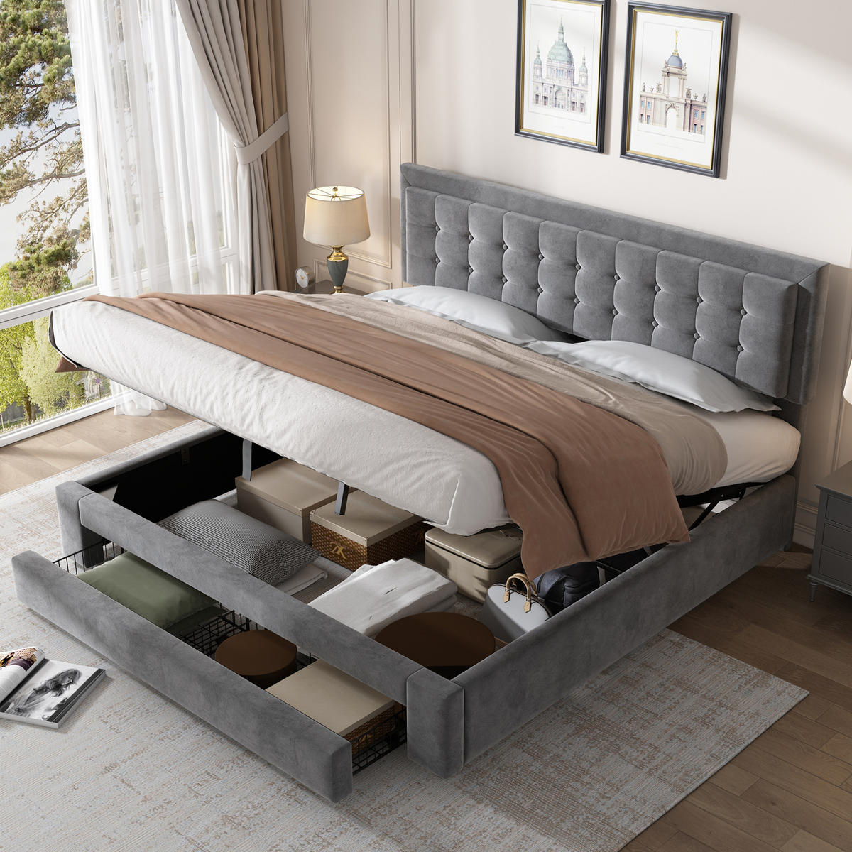 POLSTERBETT aus Samt 160x200 cm Grau mit Stauraum, höhenverstellbarem Kopfteil und Schubladen - Grau, Textil (160/200cm) - IVMEU