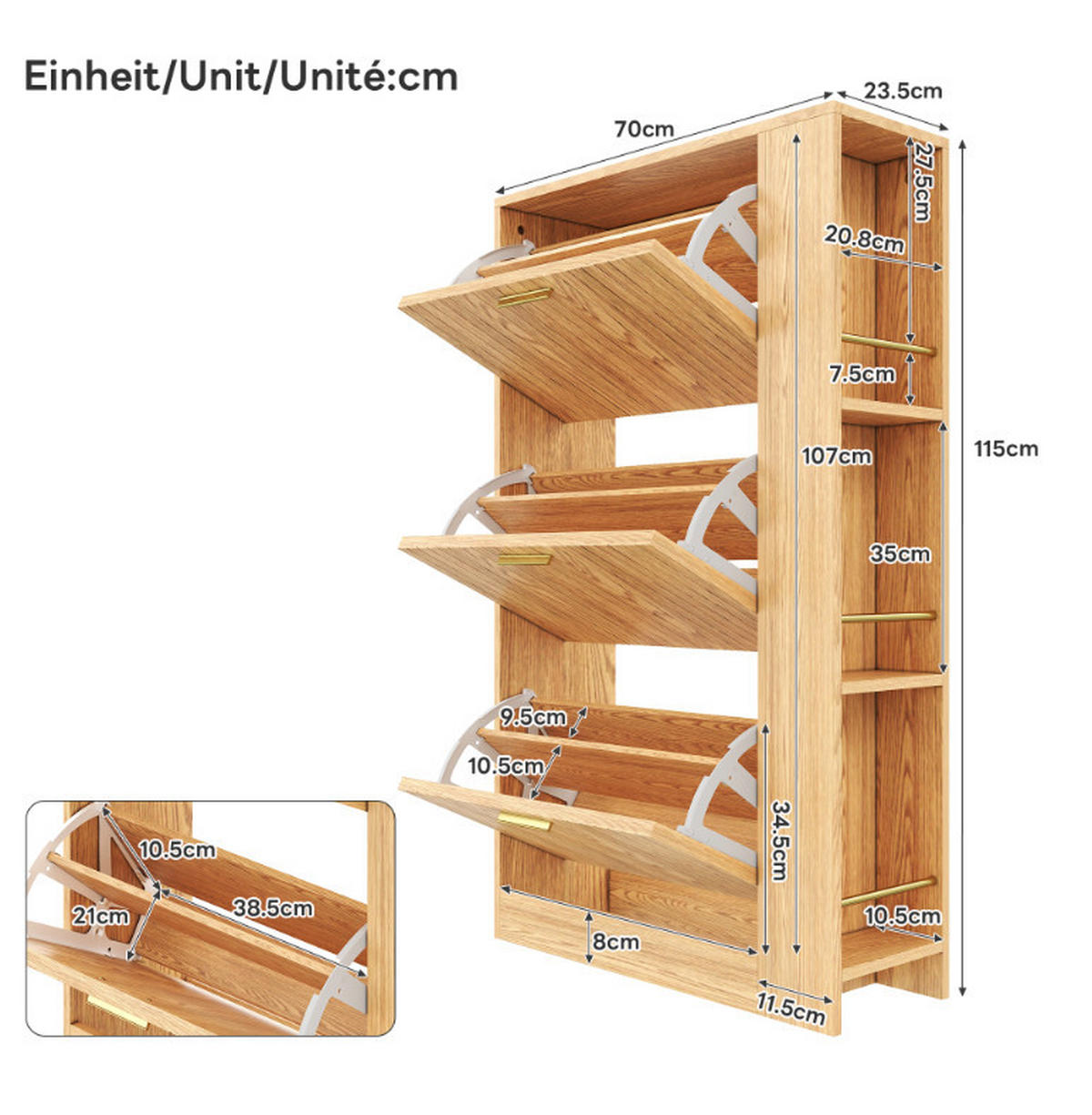 SKRINKA na topánky, 70/23,5/115 cm, MDF v prírodnej farbe, 3 dvierka a otvorené priehradky - prírodná farba, kompozitné drevo (70/115/23.5cm) - BEAOK