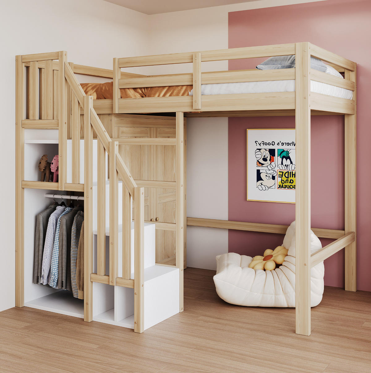 HOCHBETT 90/200 cm aus Holz mit Kleiderschrank und Stauraumtreppe Natur - Naturfarben, Holzwerkstoff (90/200cm) - Modenvie