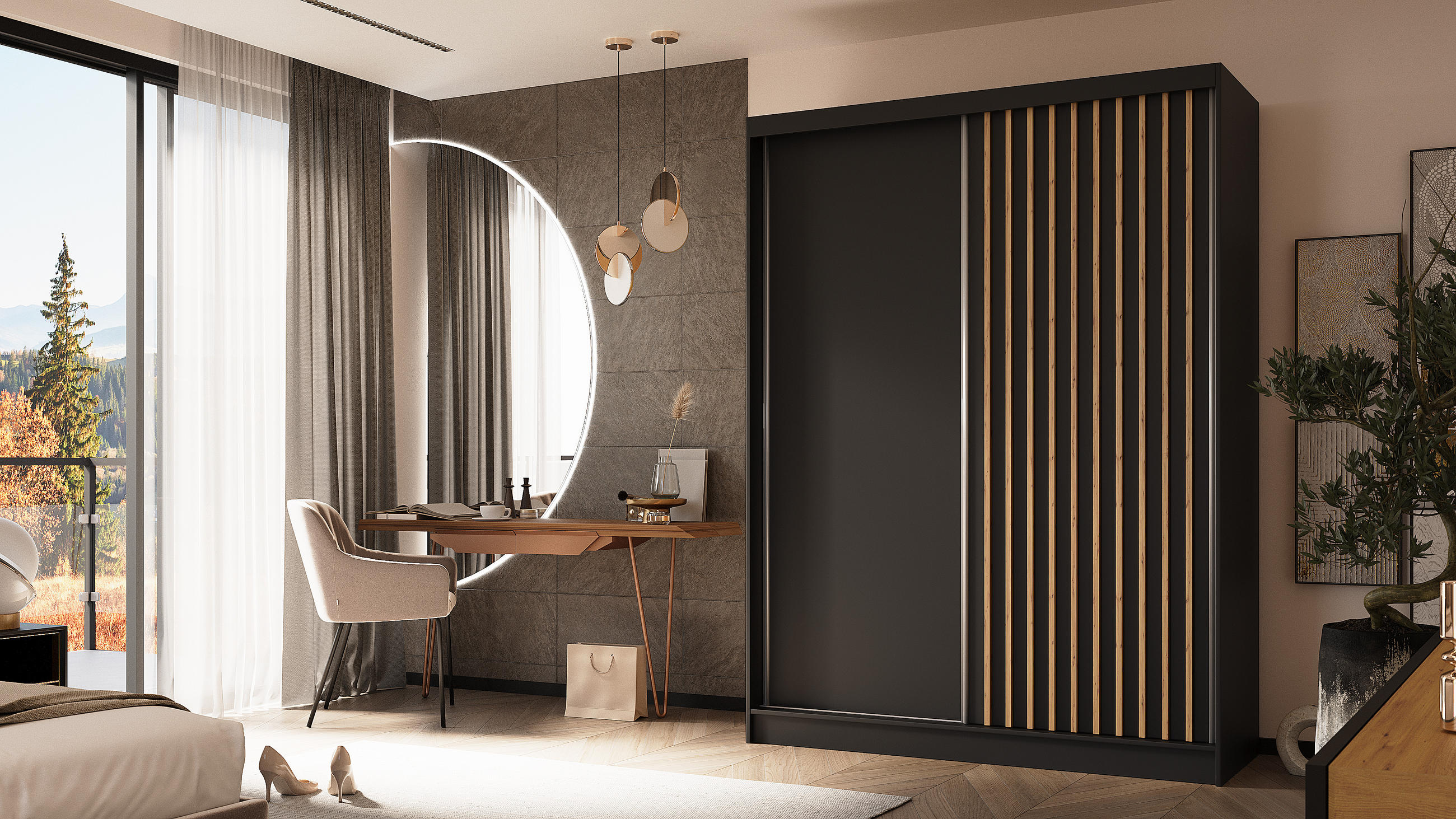 KLEIDERSCHRANK mit furnierten Schiebetüren und Aluminium-Leisten, LED-Beleuchtung - LABELO - 160 cm Schwarz+Schwarz+Artisan - Schwarz/Eiche Artisan, Holzwerkstoff (160/216/61cm) - ALTDECOR