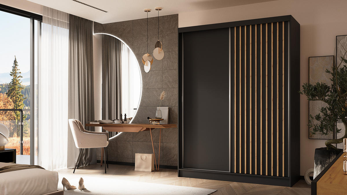 KLEIDERSCHRANK mit furnierten Schiebetüren und Aluminium-Leisten, LED-Beleuchtung - LABELO - 160 cm Schwarz+Schwarz+Artisan - Schwarz/Eiche Artisan, Holzwerkstoff (160/216/61cm) - ALTDECOR