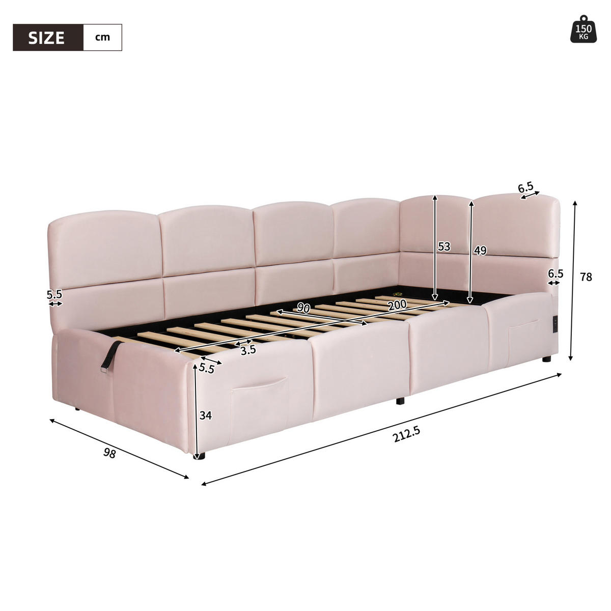 POLSTERBETT 90/200 cm rosa aus Samt mit Stauraum und USB - Rosa, Holzwerkstoff (90/200cm) - OKWISH