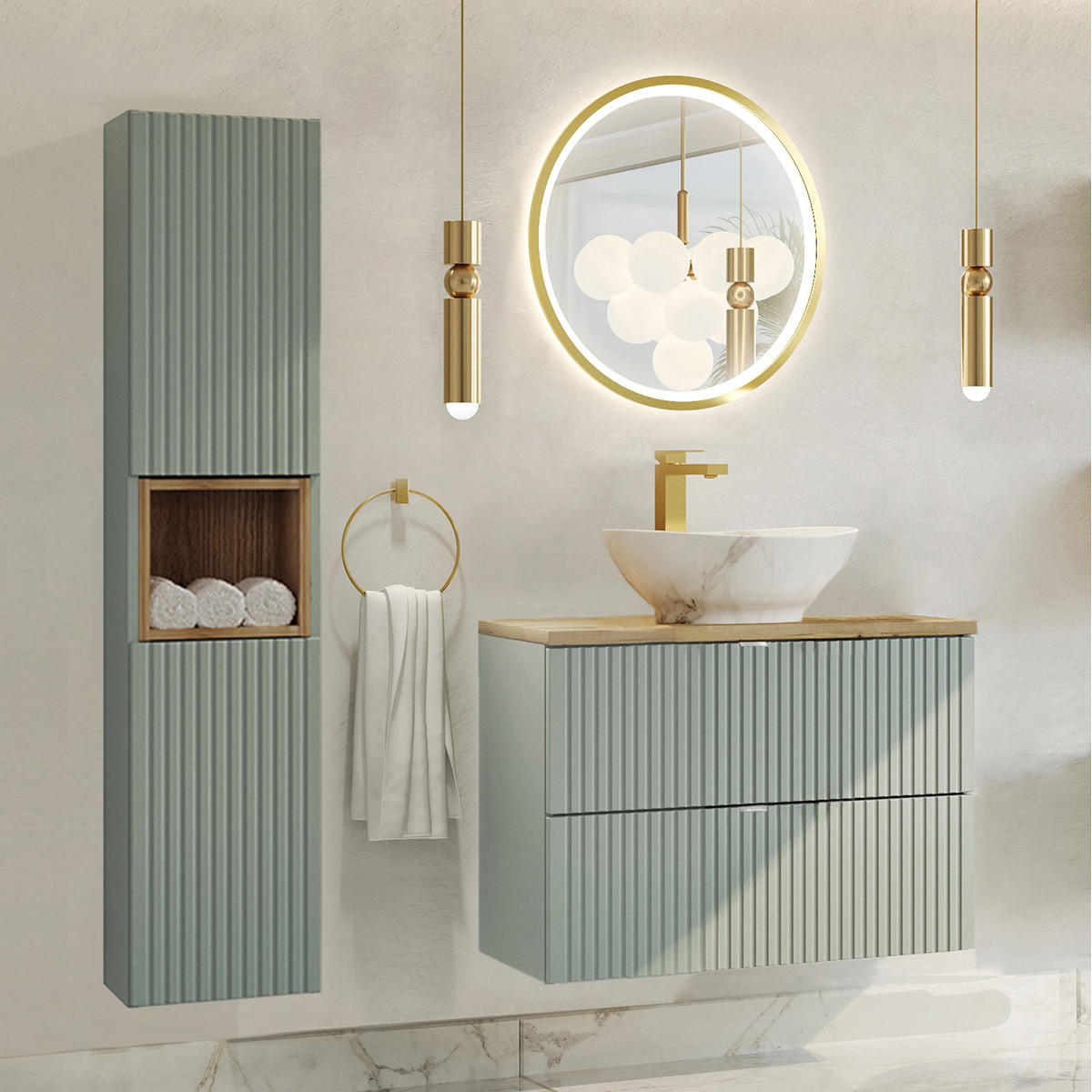 KOUPELNOVÝ NÁBYTEK 80.4cm Jade 2er-Set Zelená a dřevo - zelená barva, kompozitní dřevo (80.4/59/40cm) - Petits-meubles