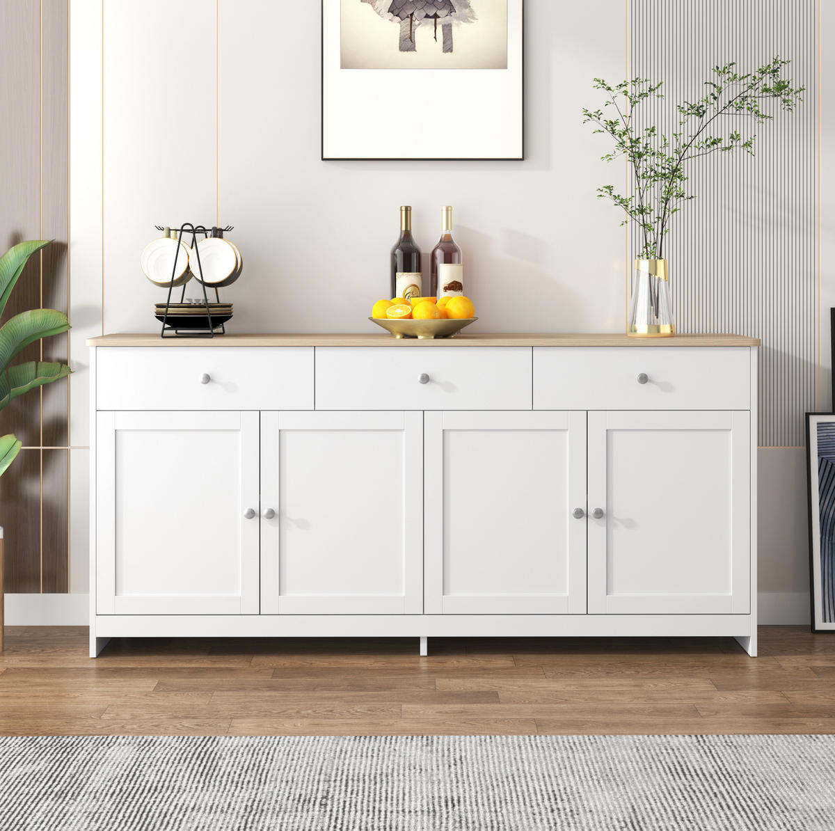 SIDEBOARD 160/37/75 cm Weiß/Holzfarbe aus MDF mit 3 Schubladen und 4 Türen - Weiß, Holzwerkstoff (37/75/160cm) - OKMYHOME