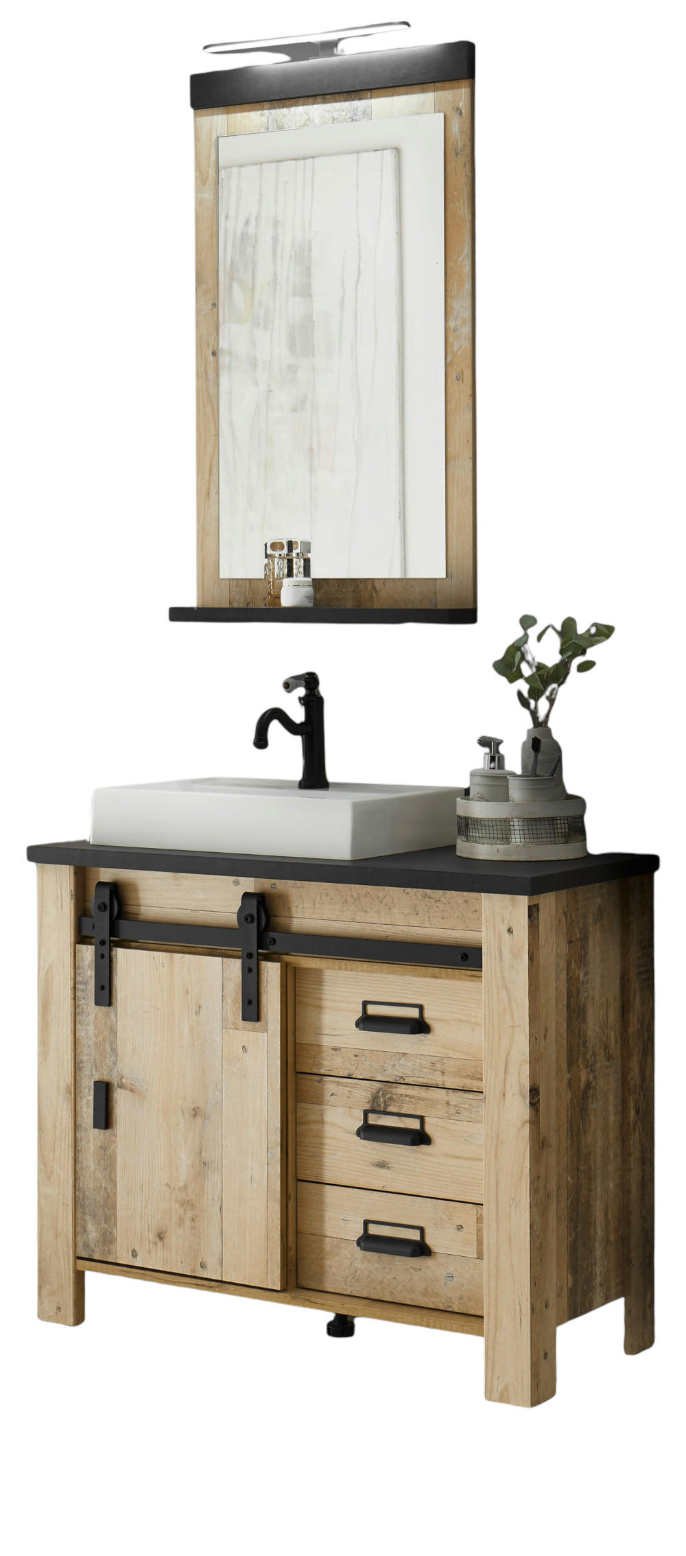 BADMÖBEL-SET 4-teilig, Used Wood hell, anthrazit, Badkombination mit Waschbecken LED Spiegellampe - Eichefarben/Anthrazit, Holzwerkstoff/Metall (95/210/43cm) - Furn.Design