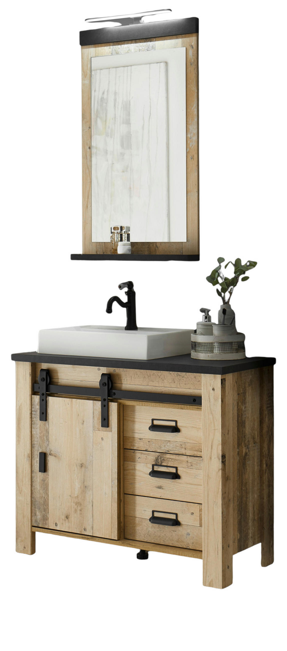 BADMÖBEL-SET 4-teilig, Used Wood hell, anthrazit, Badkombination mit Waschbecken LED Spiegellampe - Eichefarben/Anthrazit, Holzwerkstoff/Metall (95/210/43cm) - Furn.Design