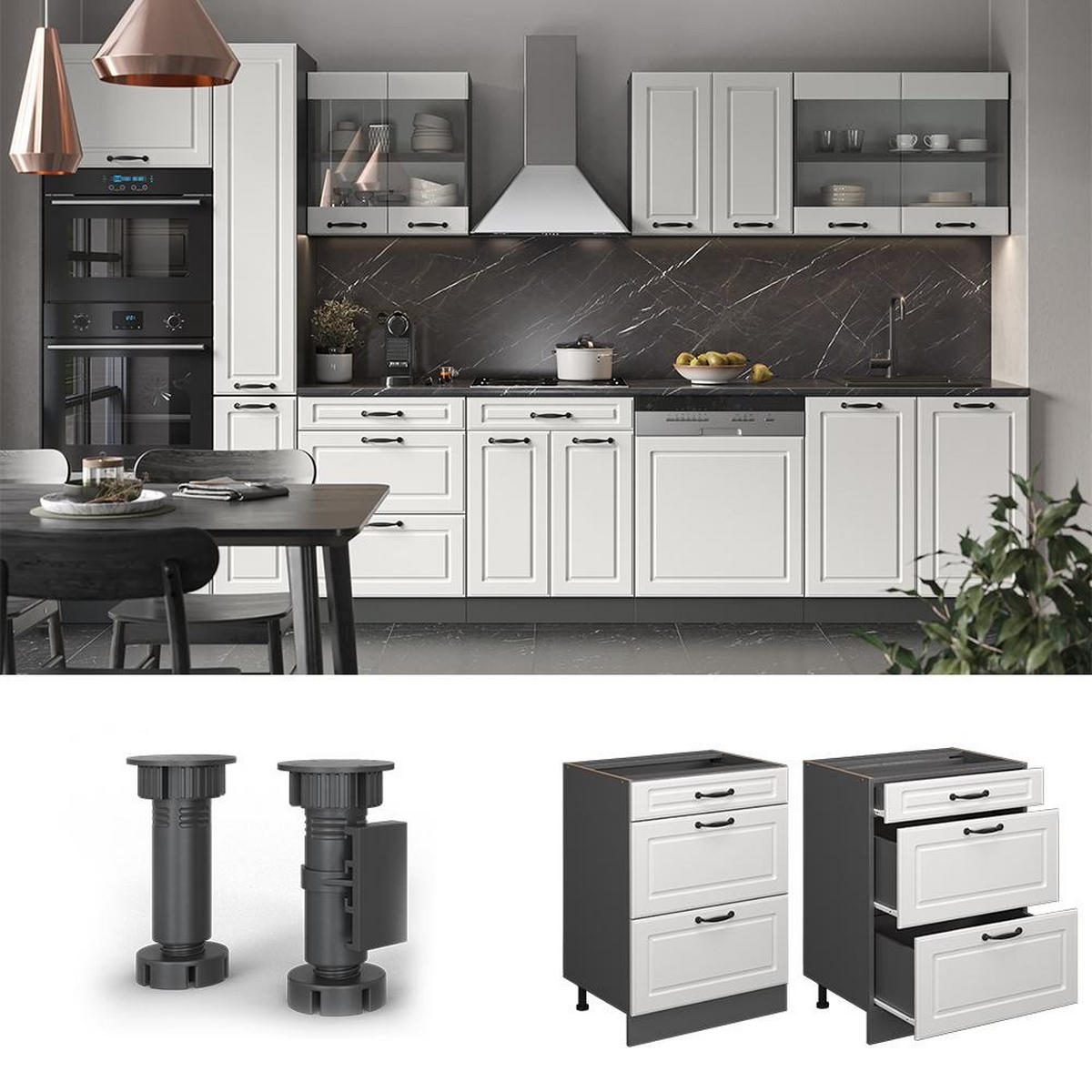 KÜCHENUNTERSCHRANK R-Line Weiß Landhaus 60 cm mit Schubladen, ohne Arbeitsplatte - Anthrazit/Weiß, Holzwerkstoff (60/81.6/46cm) - Vicco