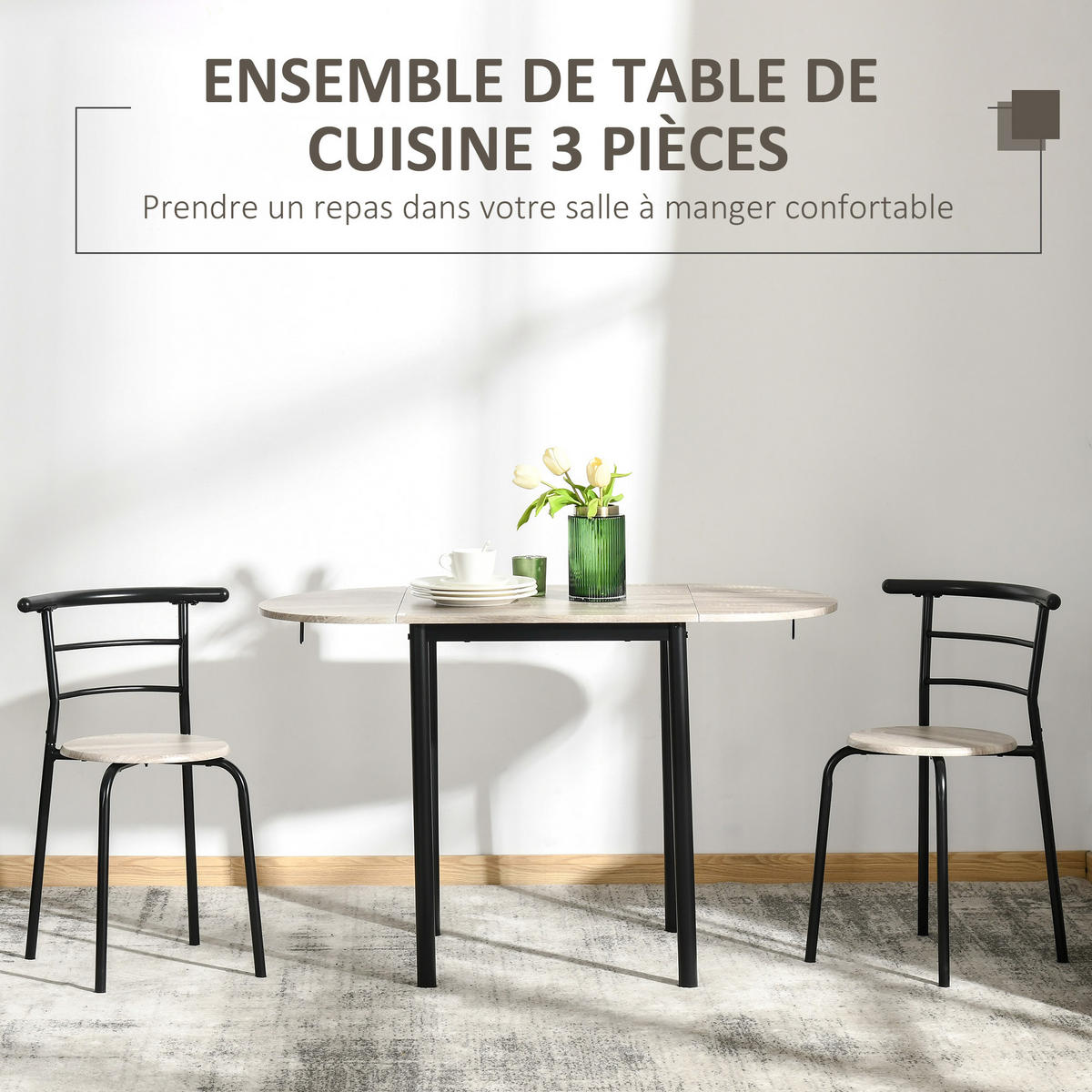 AUSZIEHBARER ovaler Tisch und 2 Stühle – Klapptisch – Metall und MDF – schwarz und natur - Eichefarben, Kunststoff (120/75/60cm)