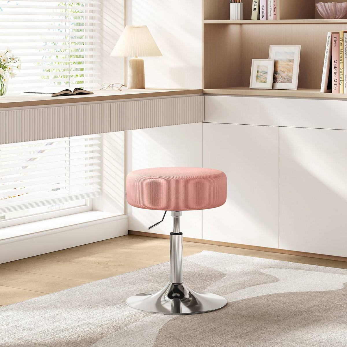 SITZHOCKER rund, drehbar, Cord-Sitzfläche, Rosa - Silberfarben/Rosa, Textil/Metall (38.5/56/38.5cm) - Woltu