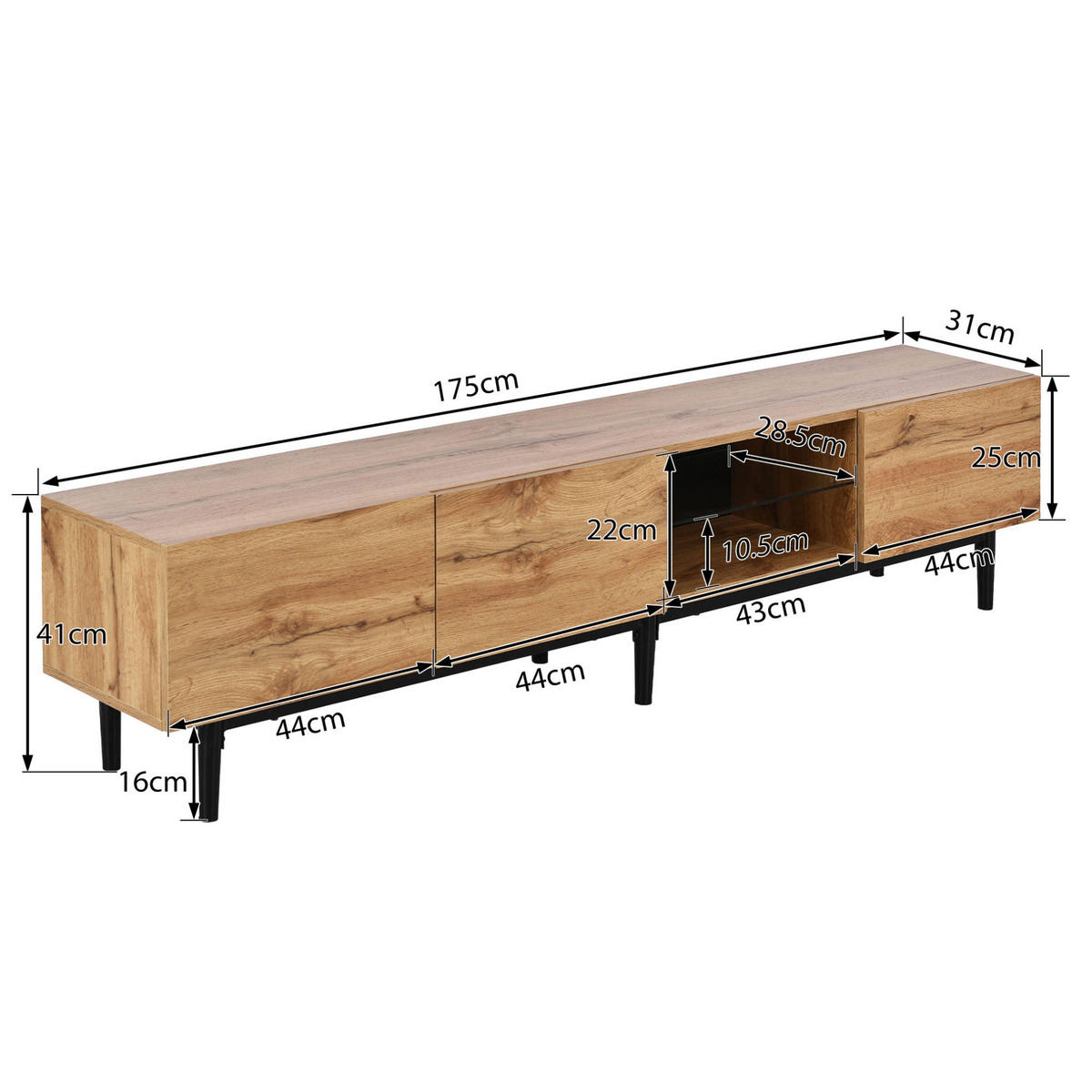 TV-LOWBOARD aus MDF 175x31x41 cm Helle Eiche/Schwarz mit LED-Beleuchtung und 3 Schrankfächern - Eichefarben, Holzwerkstoff (175/41/31cm) - IVMEU