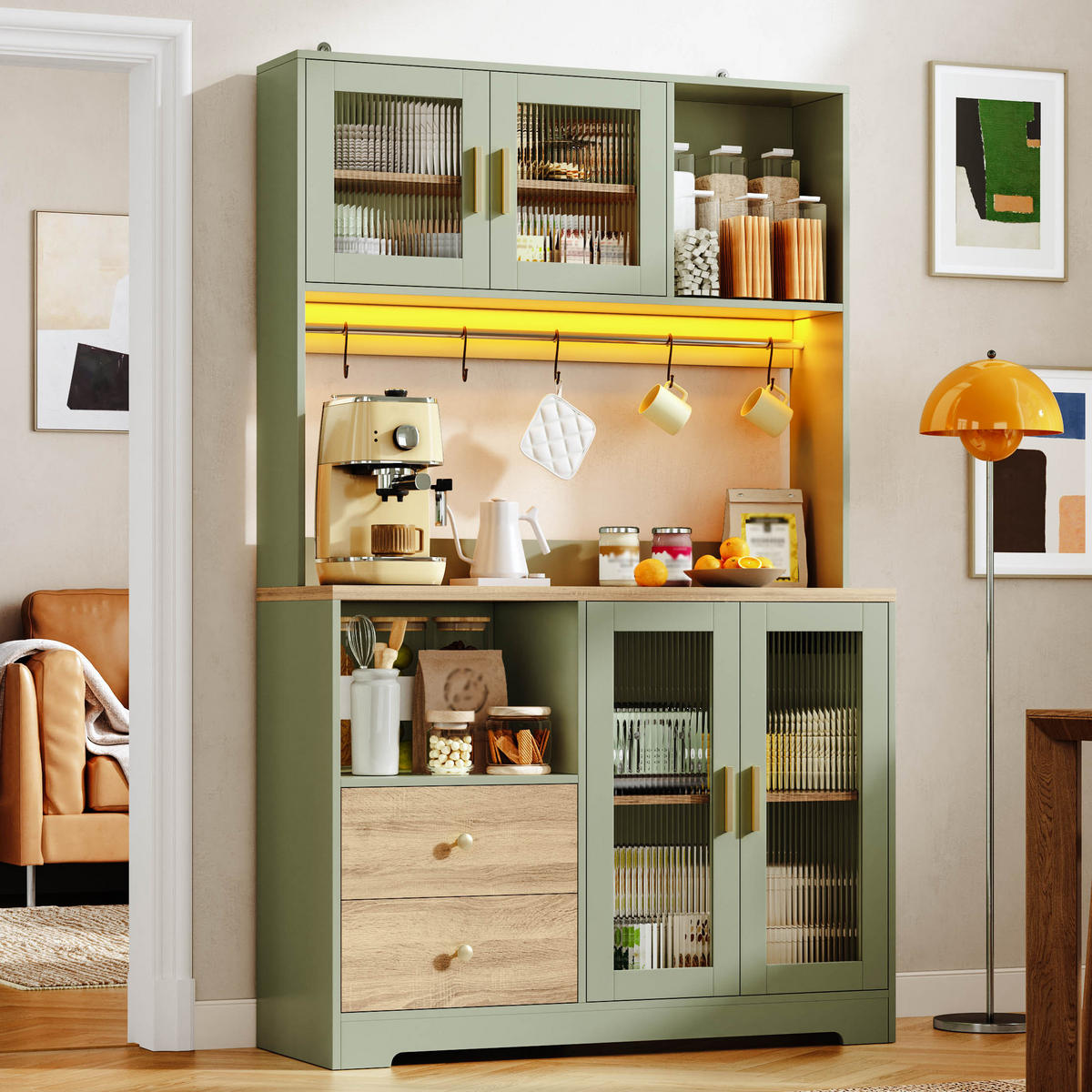 BUFFET 178 cm MDF Antikgrün Holzoptik mit RGB-LED und Glasfront - Hellgrün, Holzwerkstoff (40/178/110cm) - Korfee