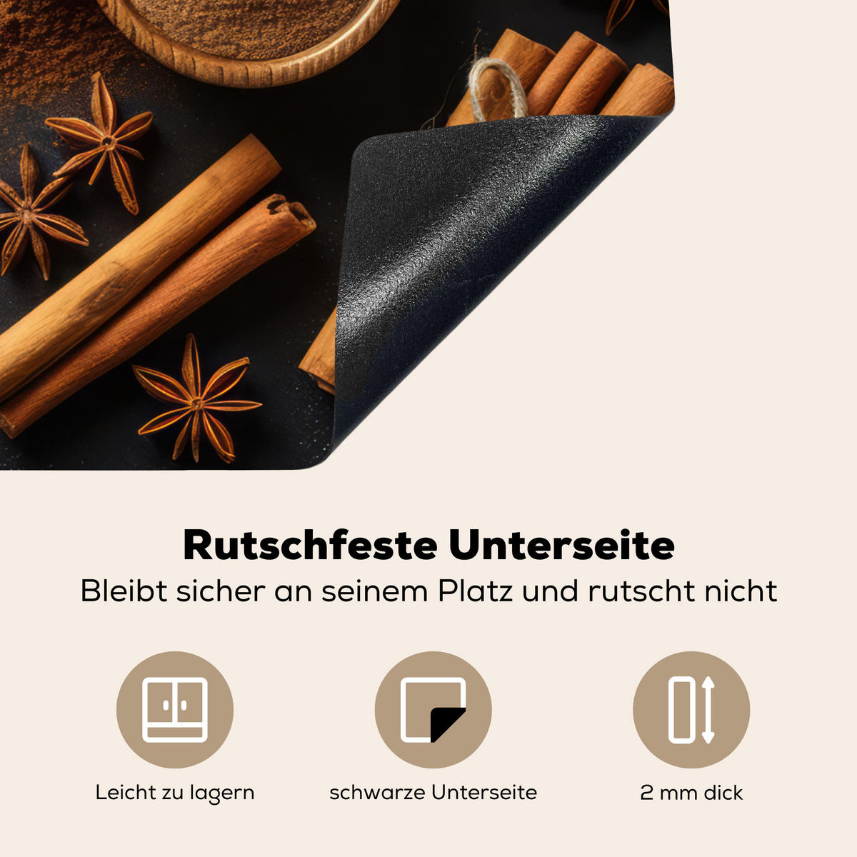 HERDABDECKPLATTE Zimt - Beton - Kaffee - Zimtstangen - Gewürze Herdabdeckung Induktionsfeld 65x52 cm - Mokka, Kunststoff (65/52/0.2cm) - MuchoWow