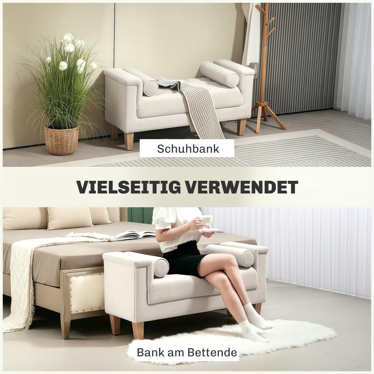 POLSTERBANK mit Chenille-Bezug, Armlehne, 115 x 44 x 58 cm Beige - Beige, Textil (44/58/115cm) - HOMCOM