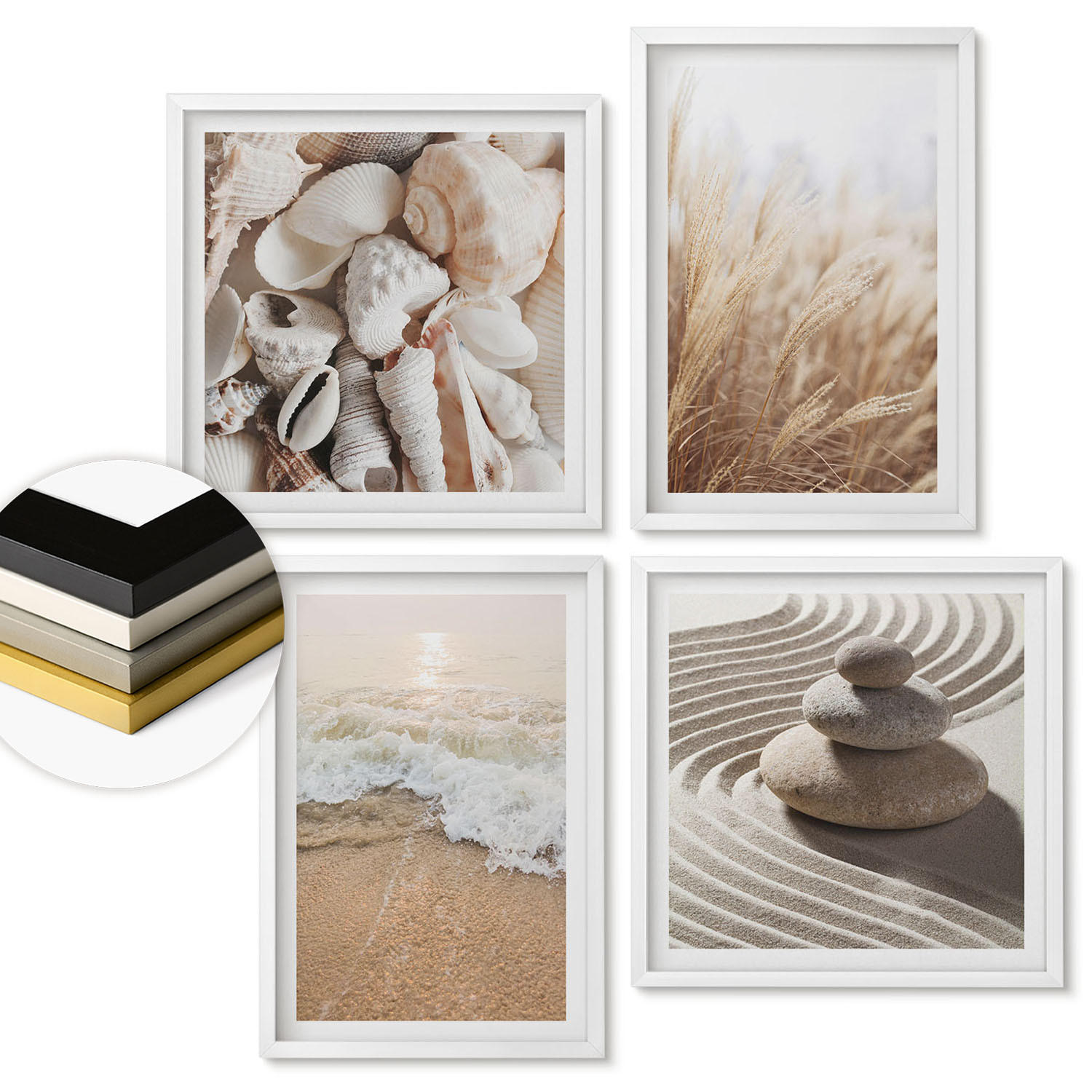 WANDBILDER 4er-Set - 50x50 cm & 40x60 cm Weißer Rahmen - Strandmotive, Muscheln, Wellen - Weiß, Kunststoff (50/50cm) - ArtPrintCave