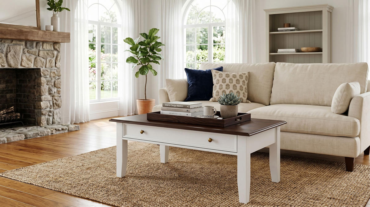 COUCHTISCH Belluno Elegante Kiefer weiß (RAL9010) lackiert / Kiefer gebeizt, Nussbaumfarben 122 / 70 / 48cm - Nussbaumfarben/Weiß, Holz/Metall (70/122/48cm) - Feldmann-Wohnen