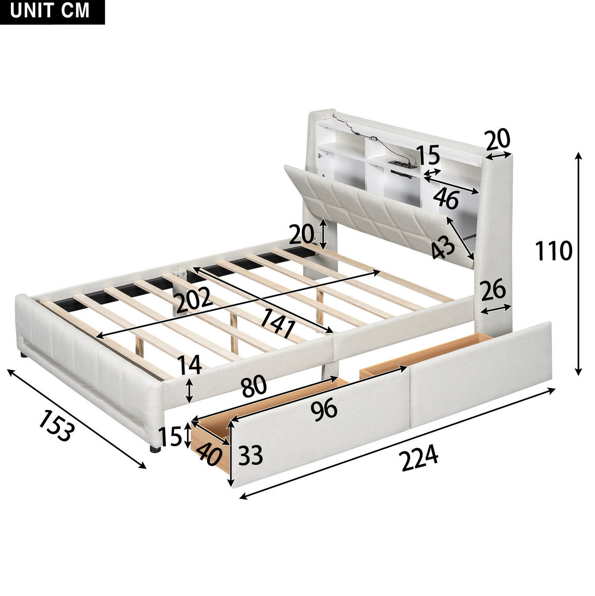 TAPECIRANI krevet 140/200 cm s LED osvjetljenjem, USB priključkom i ladicama, Beige - bež, tekstil (140/200cm) - Redom