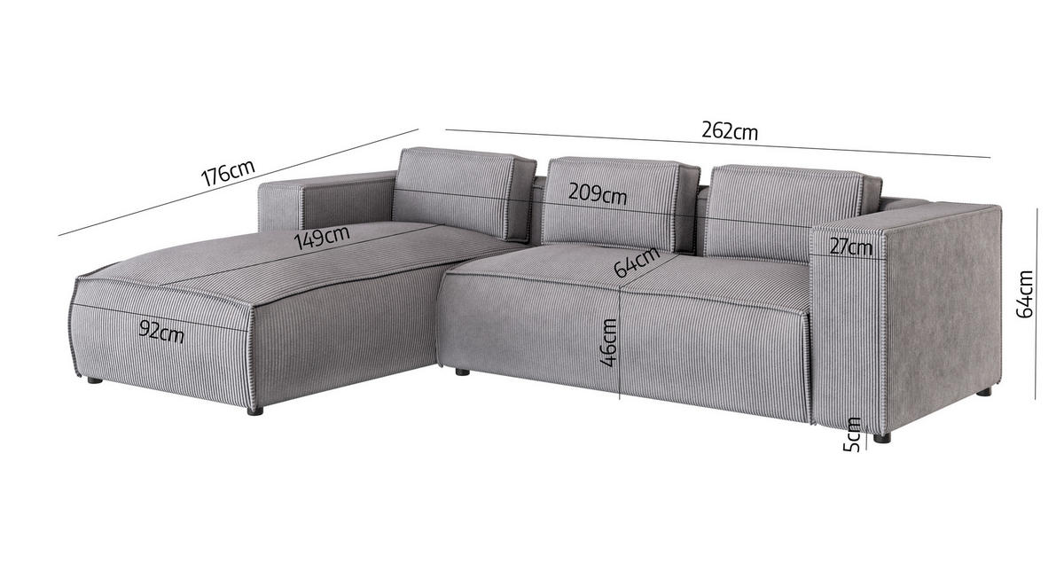ECKSOFA Nova Hellgrau Cord - Hellgrau/Schwarz, Holz/Kunststoff (262/176cm) - S-Style Möbel
