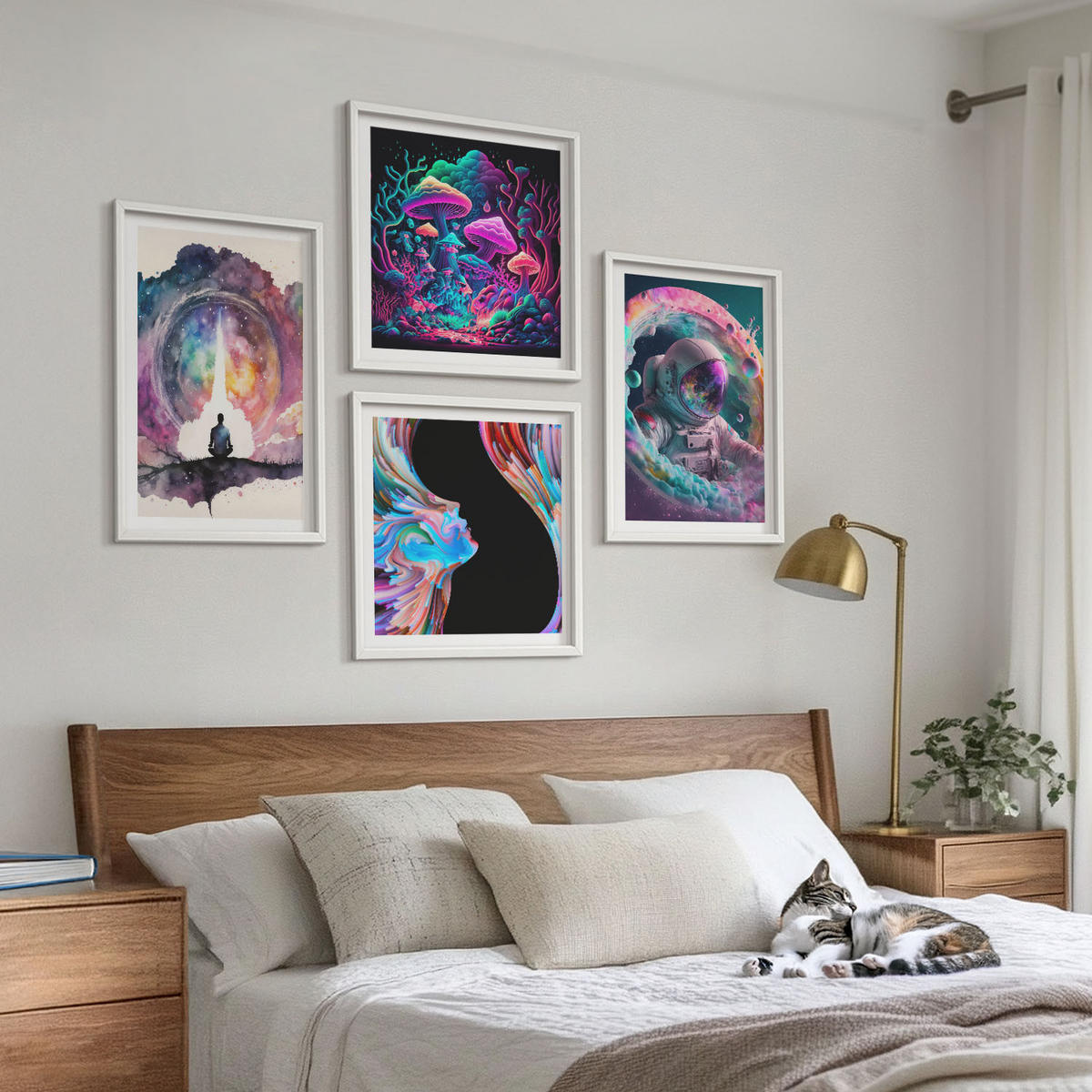 WANDBILDER 4er-Set - 50x50 cm & 40x60 cm Weißer Rahmen - Farbenfrohe Fantasy-Kunstillustrationen - Weiß, Kunststoff (50/50cm) - ArtPrintCave