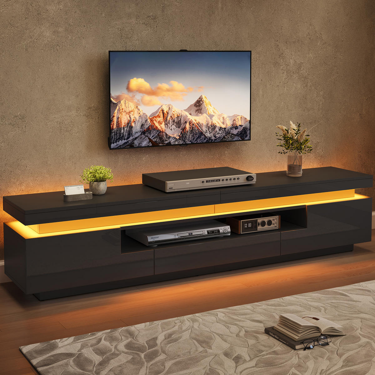 TV-SCHRANK schwarz aus Spanplatte mit Hochglanzfront und App-gesteuerter USB-LED 175 × 38 × 45 cm - Schwarz, Holzwerkstoff (175/45/38cm) - Luhomfu