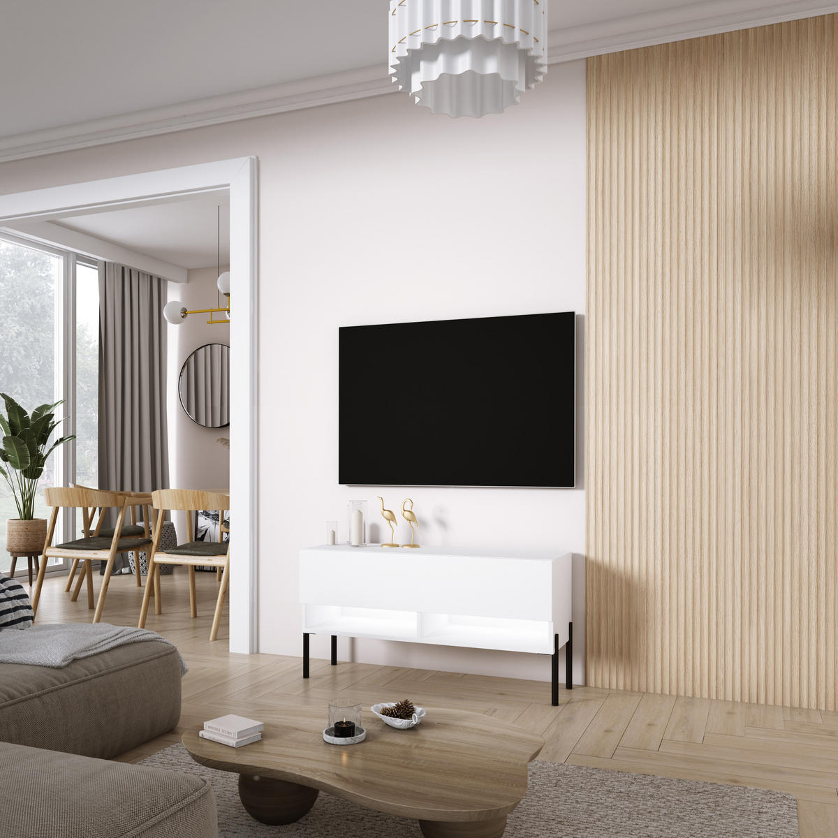 TV-LOWBOARD 100 cm Mattweiß, gerade schwarze Beine, weiße LED, 100 × 32 × 52 cm - Weiß, Holzwerkstoff (100/52/32cm) - 3XE LIVING