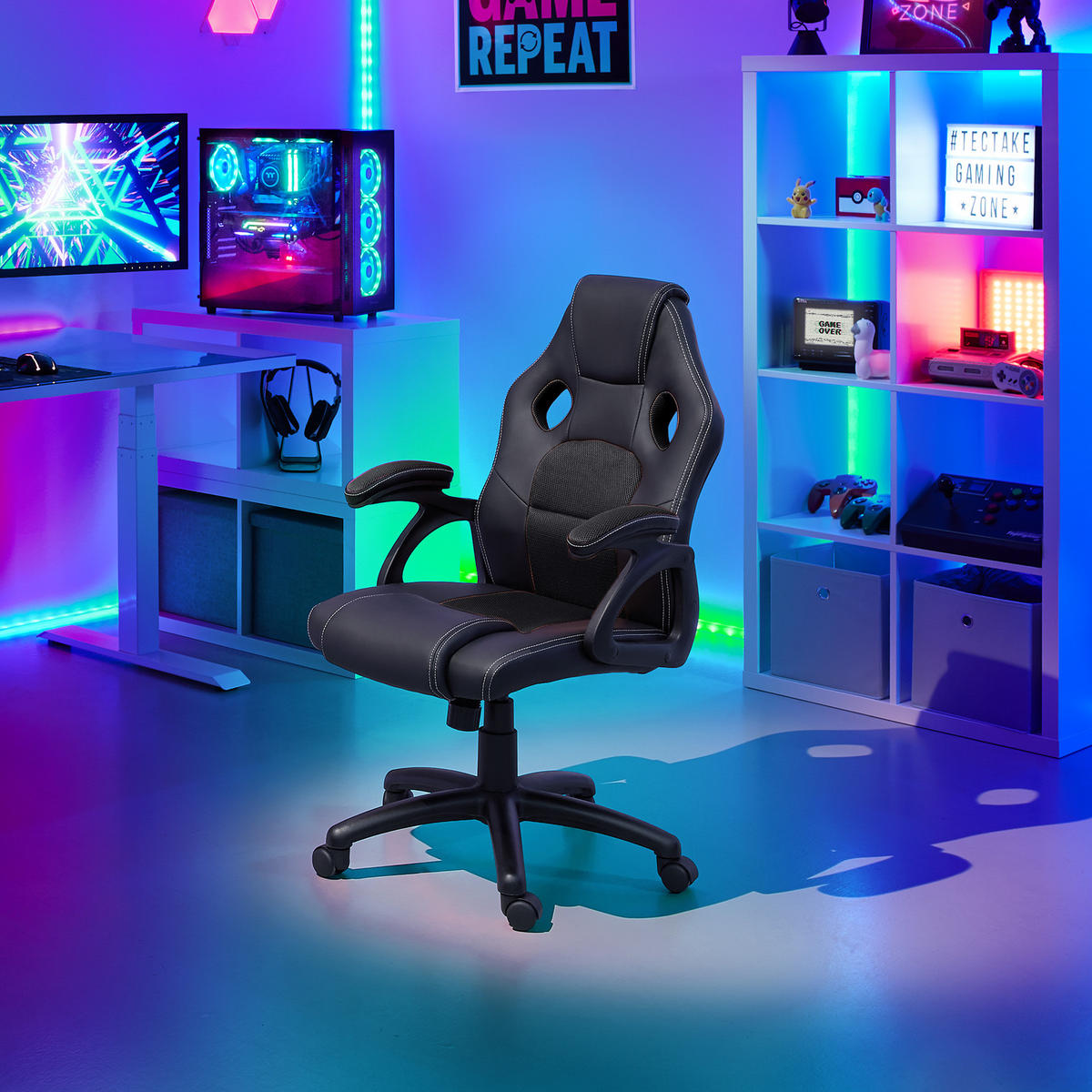 BÜROSTUHL Mike,stufenlos höhenverstellbar,schwarz - Schwarz, Leder (68/114.5/69cm) - tectake