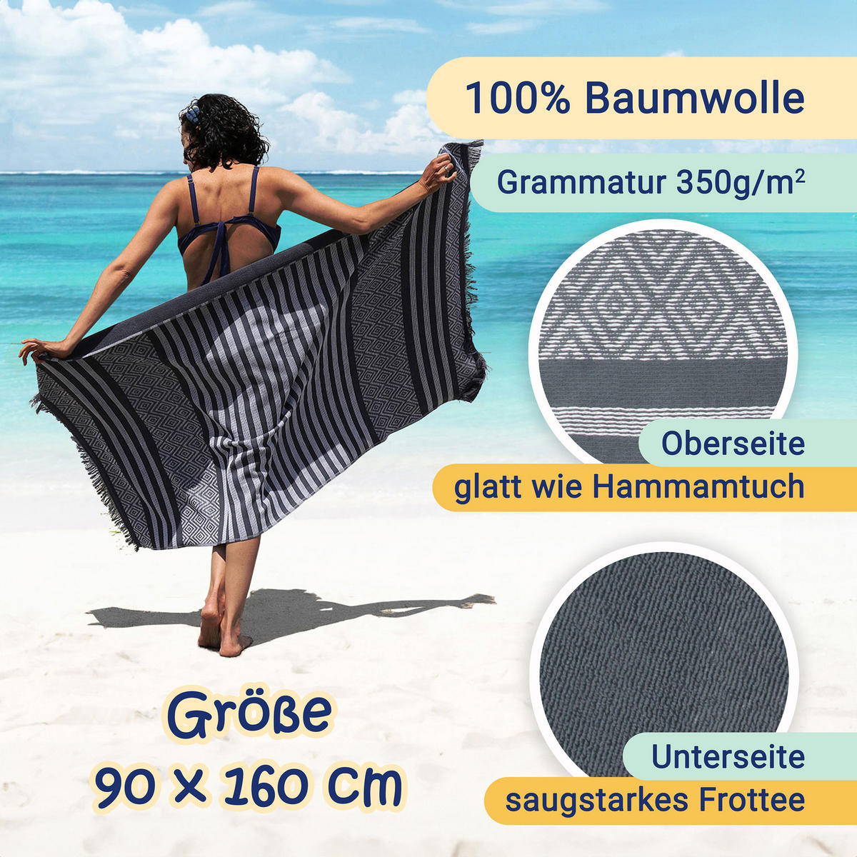 STRANDTUCH, 90x160 cm, 100% Baumwolle, Grau - Anthrazit, Textil (90/160cm) - Zollner