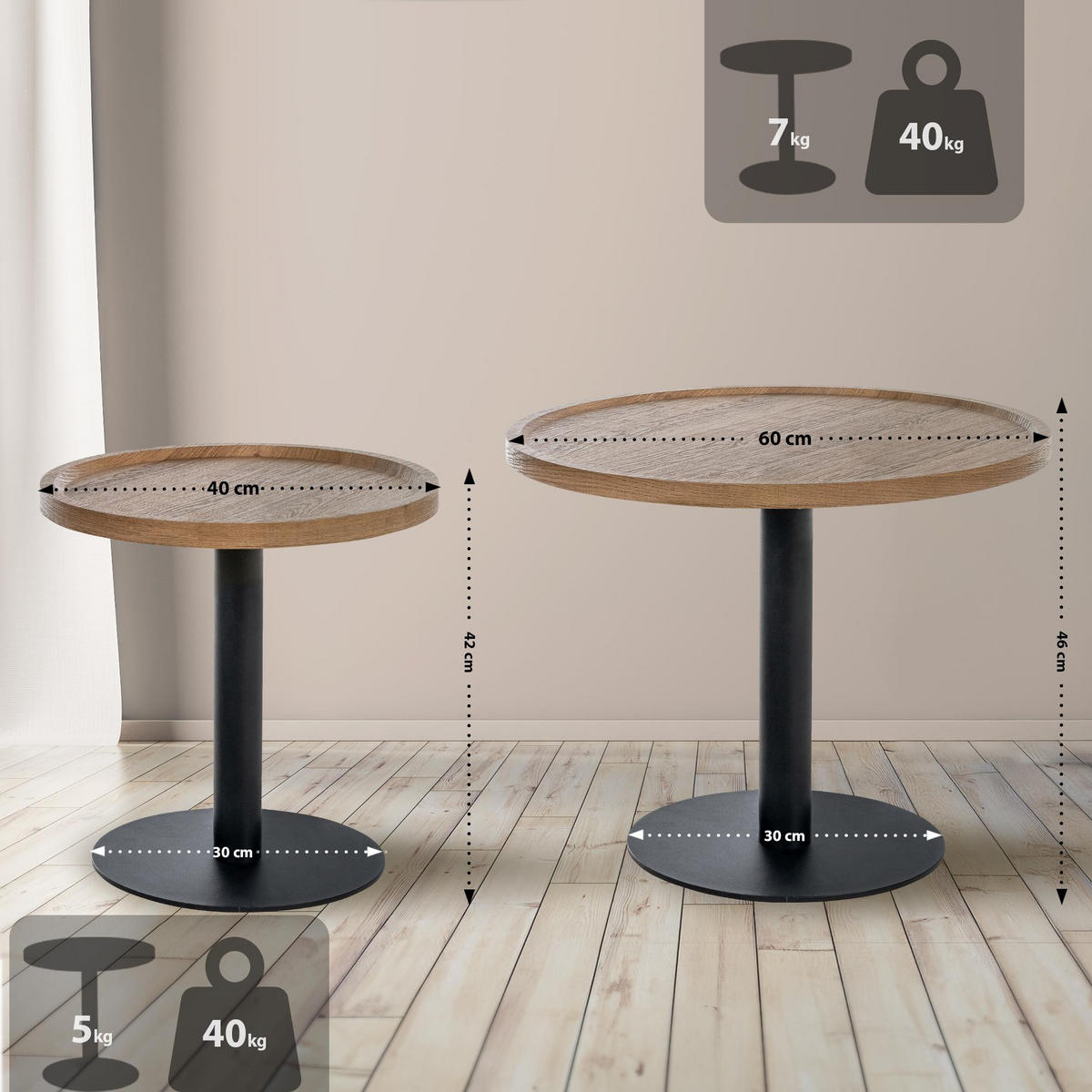 BEISTELLTISCH Kombi Set Holz Braun - Schwarz/Braun, Holz/Metall (40/40/42cm) - CLP