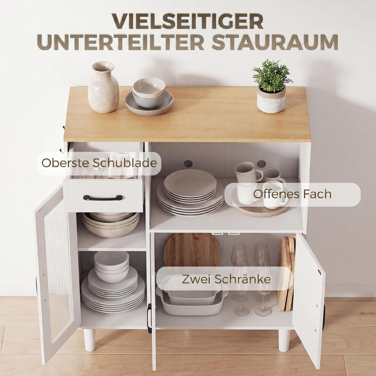 SIDEBOARD Weiß/Eiche, mit Acrylglastür, 80/34/91 cm - Weiß, Holz (80/91/34cm) - PANGIVO