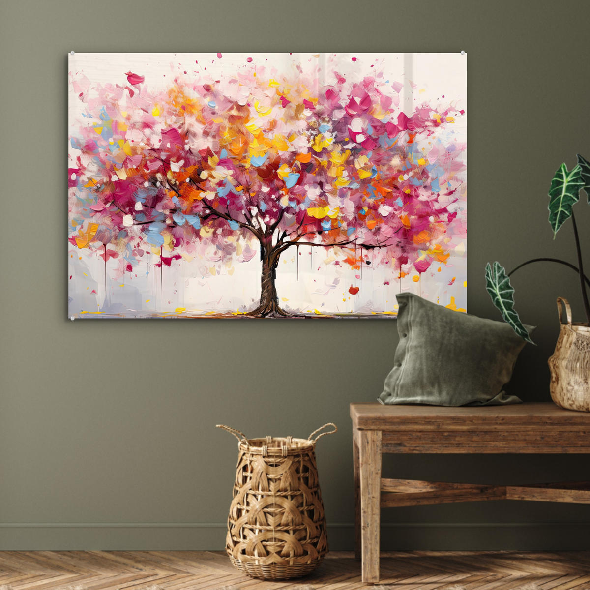 ACRYLGLASBILD Aquarell - Baum - Kunst - Abstrakt 90x60 cm - Multicolor, Glas (90/60cm) - MuchoWow