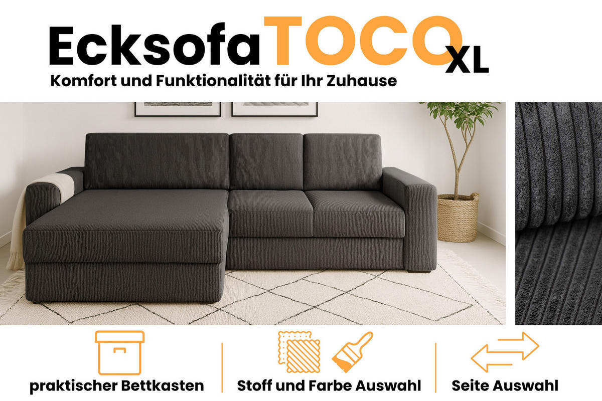 ECKSOFA TOCO XL 275/170 cm in Cord Anthrazit links - Anthrazit, Holz/Holzwerkstoff (275/170cm) - Deine Möbel 24