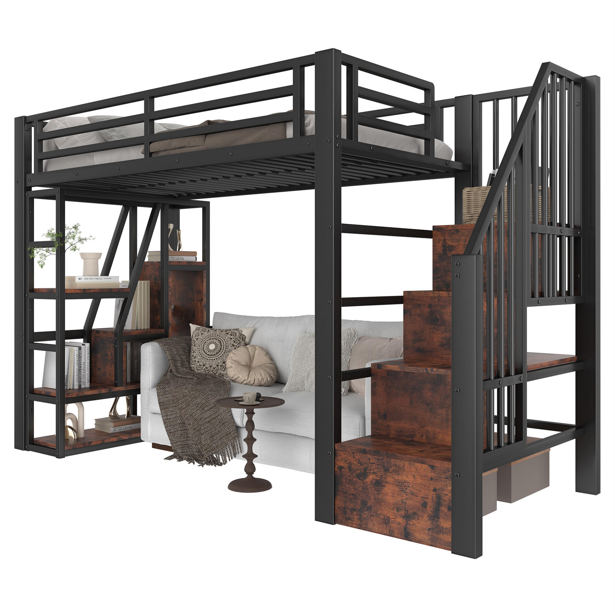 HOCHBETT 90/200 cm aus Metall und MDF mit LED-Lichtleiste, Stauraumstufen und Schutzgeländer, Schwarz - Schwarz, Holzwerkstoff (90/200cm) - Redom