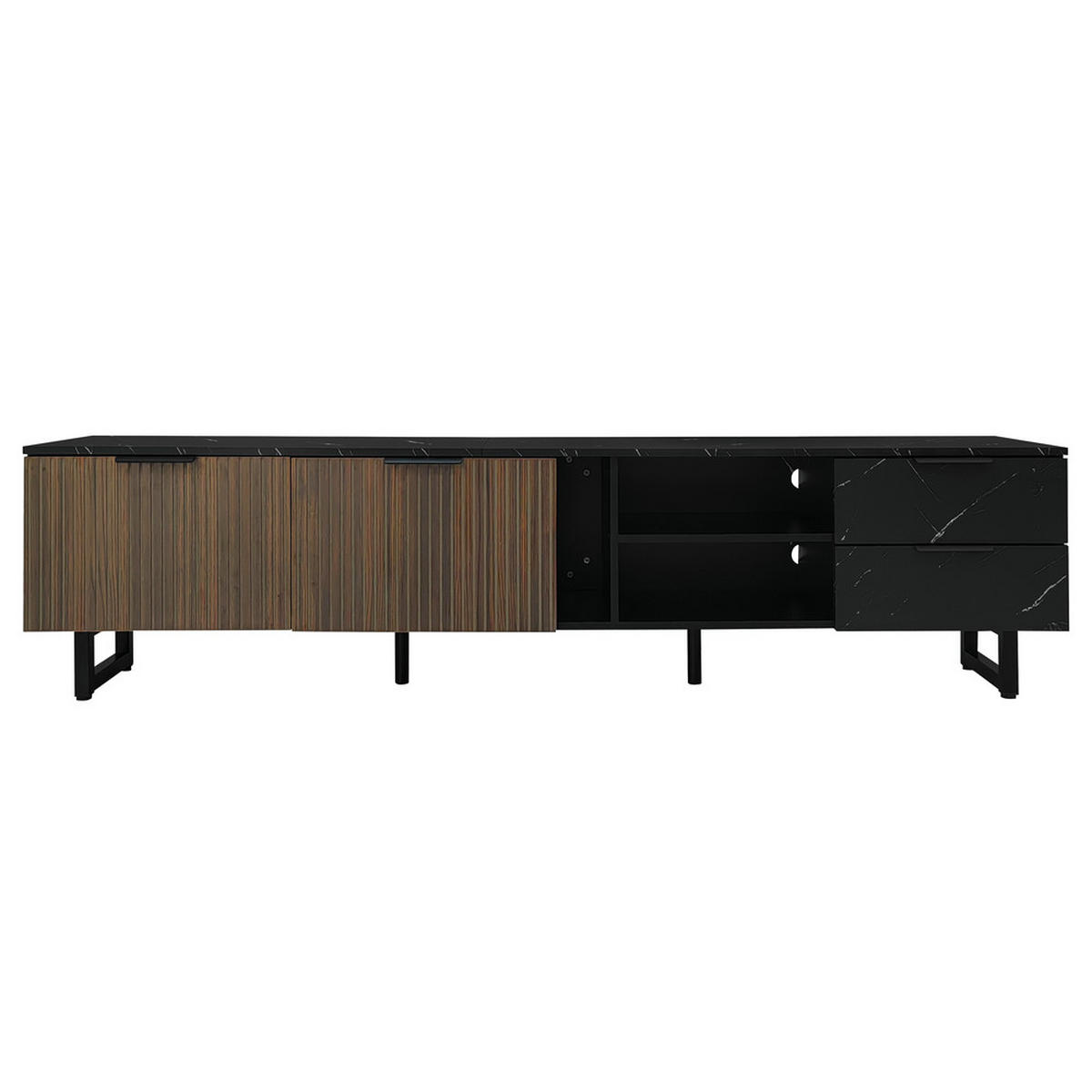 TV-SCHRANK 200cm schwarze Marmoroptik Holzmasertüren LED 2 Türen 2 Schubladen - Schwarz, Holz (38/50/200cm) - FLIEKS