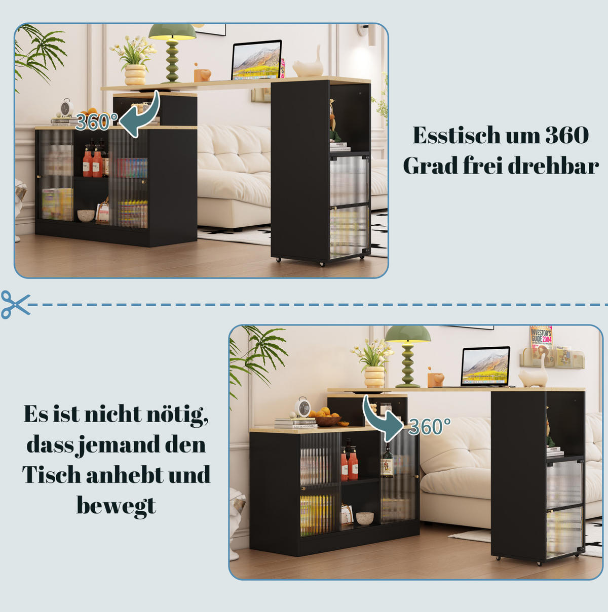 BARSKA miza s shranjevanjem, 360° vrtljivimi kolesi in raztegljivo ploščo, Črna - črna, leseni material (40/90/155cm) - Redom