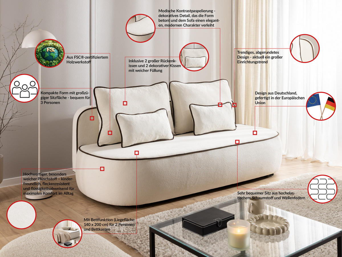 SCHLAFSOFA Vero im modernen und abgerundeten Design mit Bettkasten aus Creme Plüschstoff mit brauner Paspel - Creme/Schwarz, Holz/Kunststoff (210/90/98cm) - S-Style Möbel