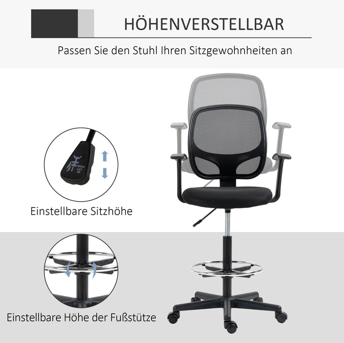 DREHSTUHL 60/56/110-132 cm schwarz aus Schaumstoff höhenverstellbar mit Fußring - Schwarz, Kunststoff (56/132/60cm) - OKWISH