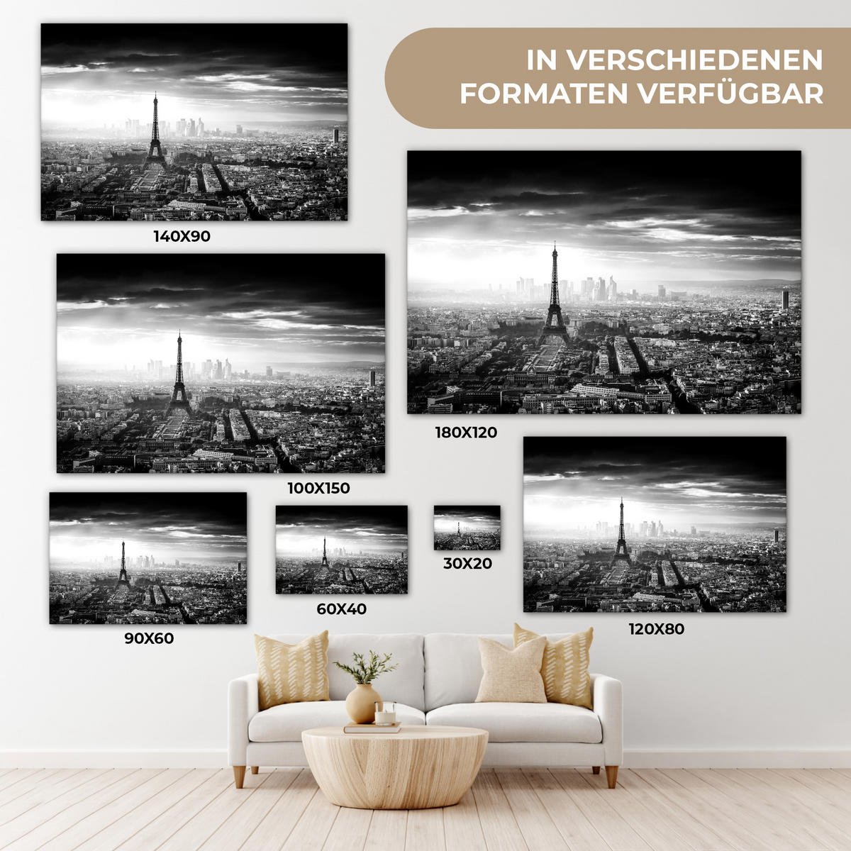 LEINWANDBILD Paris - Skyline - Eiffelturm - Stadt - Wolken 30x20 cm - Dunkelgrau, Textil (30/20cm) - MuchoWow