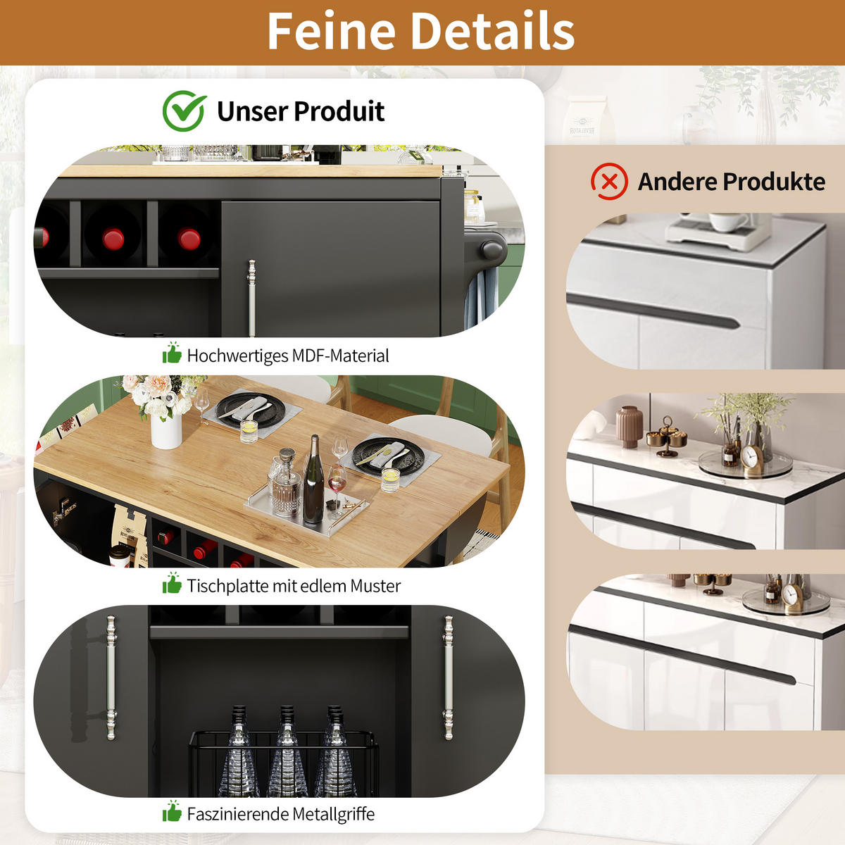 KÜCHENINSEL 137.9x73x92cm Schwarz mit 2 Schubladen & 5 Rollen - Schwarz, Holzwerkstoff (137.9/92/73cm) - Modfu