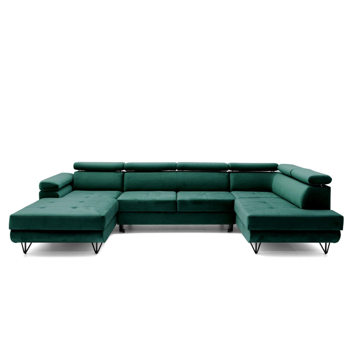 ECKSOFA U-Form JUNIOR U Rechts mit Schlaffunktion 128x254 Velours Dunkelgrün - Dunkelgrün/Schwarz, Holz/Textil (184/90/323cm) - Muffo