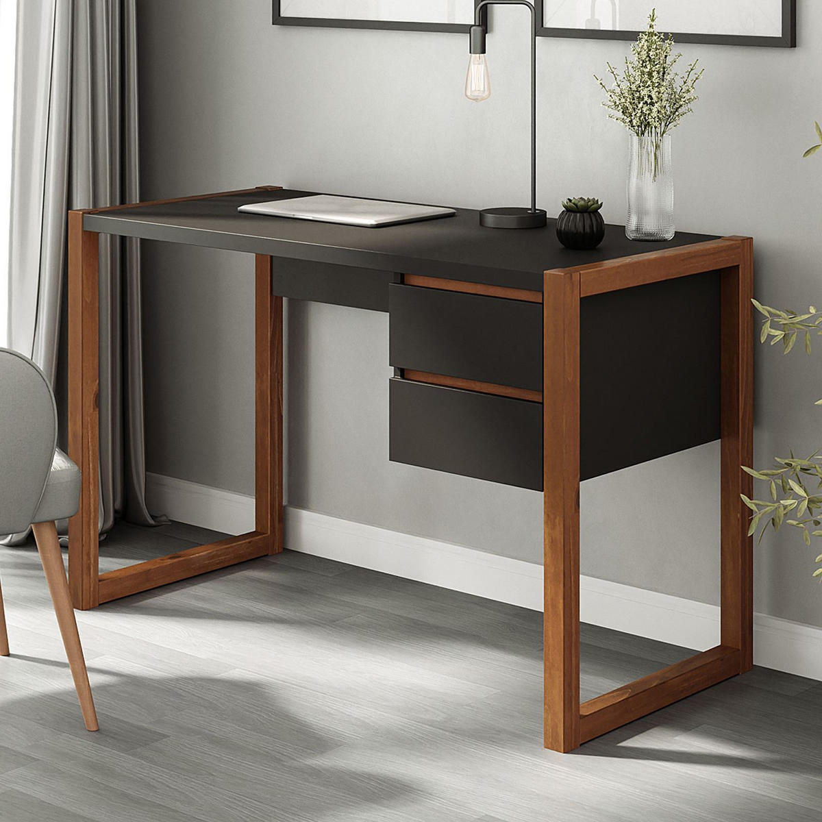 SCHREIBTISCH BELINDA schwarz/Kastanie - Kastanienfarben/Schwarz, Holz (54/118/75cm) - IDIMEX