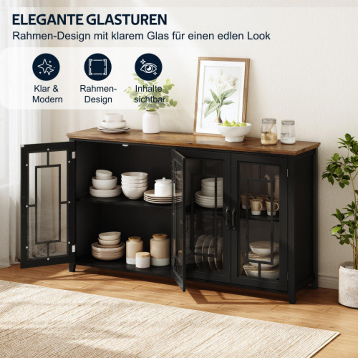 SIDEBOARD Schwarz aus MDF mit Retro-Holzmaserung-Platte 160 × 40 × 86 cm - Schwarz, Holzwerkstoff (160/86/40cm) - Luhomfu