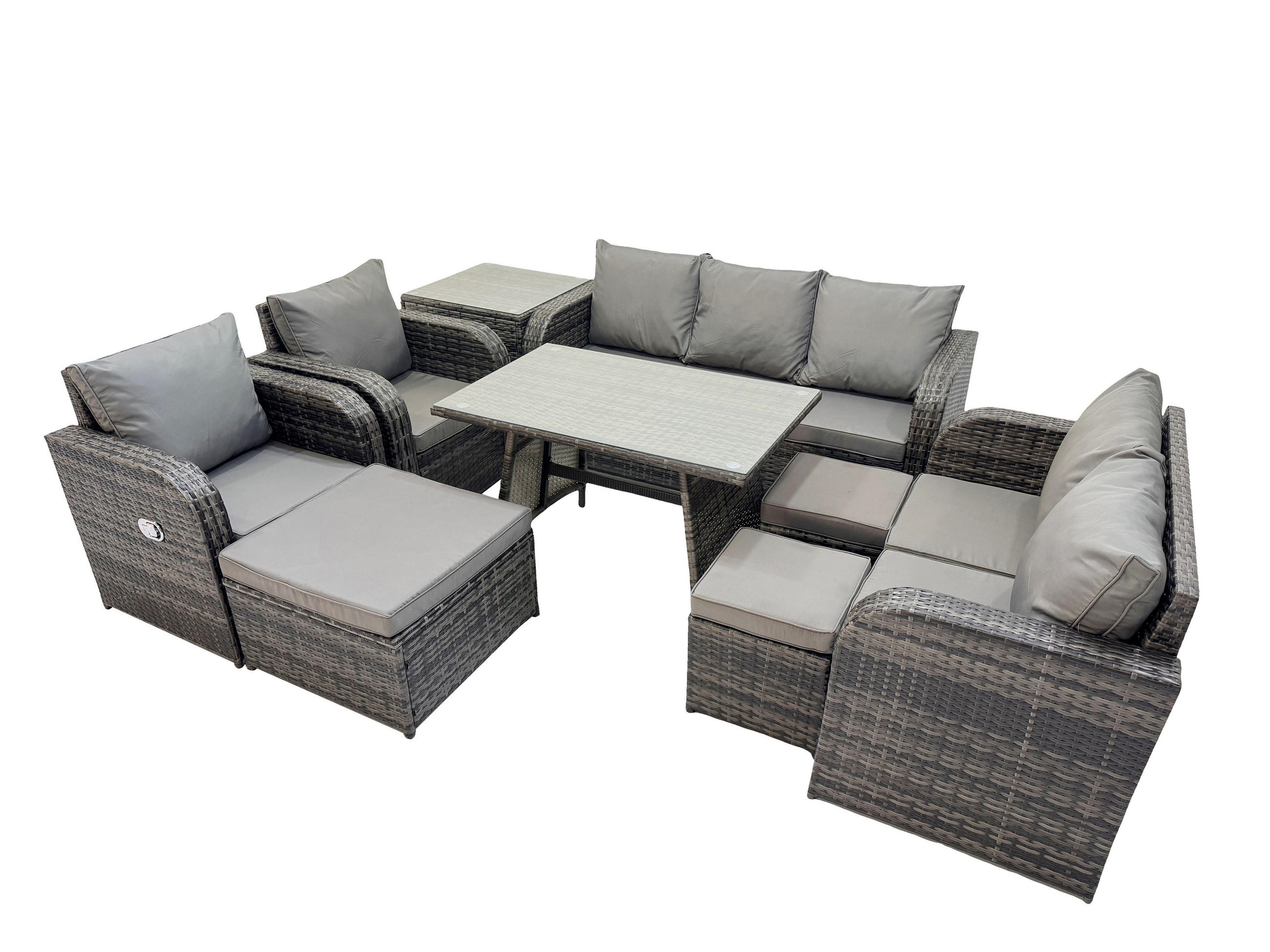 GARTENMÖBEL SET Polyrattan Dunkelgrau 10-Sitzer - Dunkelgrau/Grau, Glas/Kunststoff - Fimous