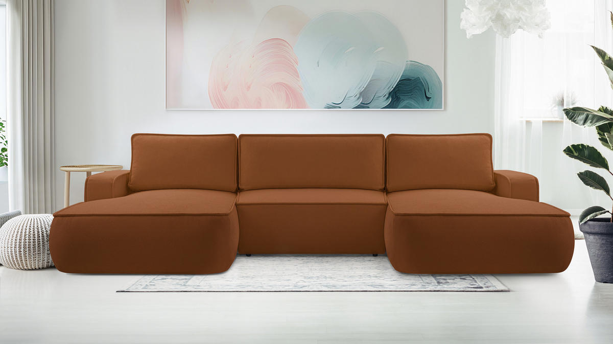 WOHNLANDSCHAFT Ablia Ziegelrot 364/168/87 cm mit Schlaffunktion - Rot/Schwarz, Kunststoff/Textil (364/87/168cm) - AX Living