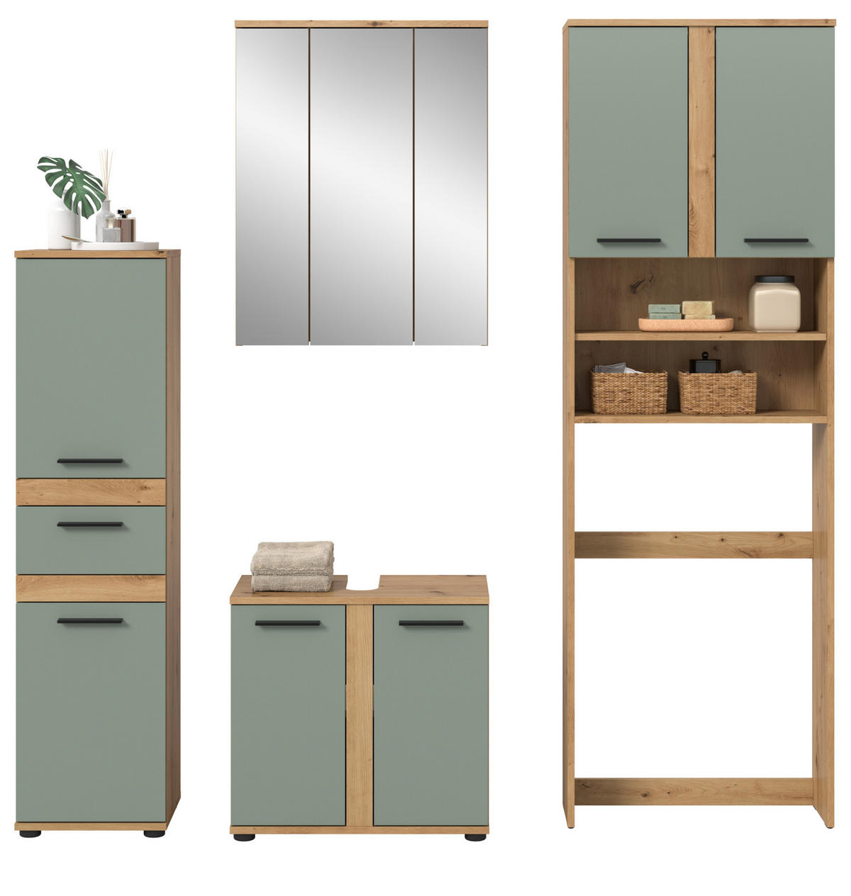 BADMÖBEL-SET 4-teilig Salbei grün, Artisan Eiche 192 cm, Komplett-Set modern - Salbeigrün/Schwarz, Glas/Holzwerkstoff (192/191/34cm) - Inn.Furn