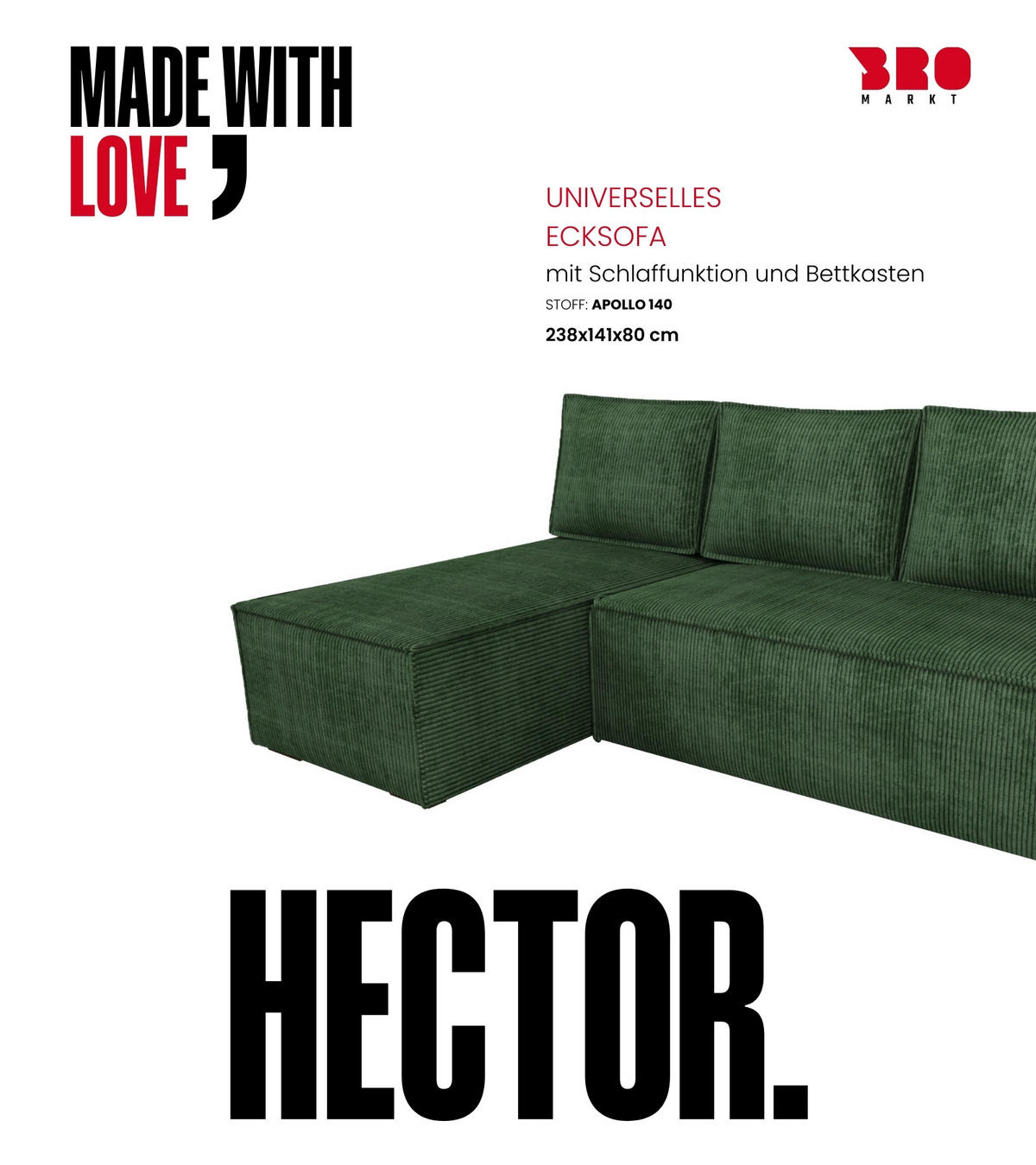 ECKSOFA Hector mit Schlaffunktion Grün Cord - Grün, Textil (200/141cm) - Bromarkt