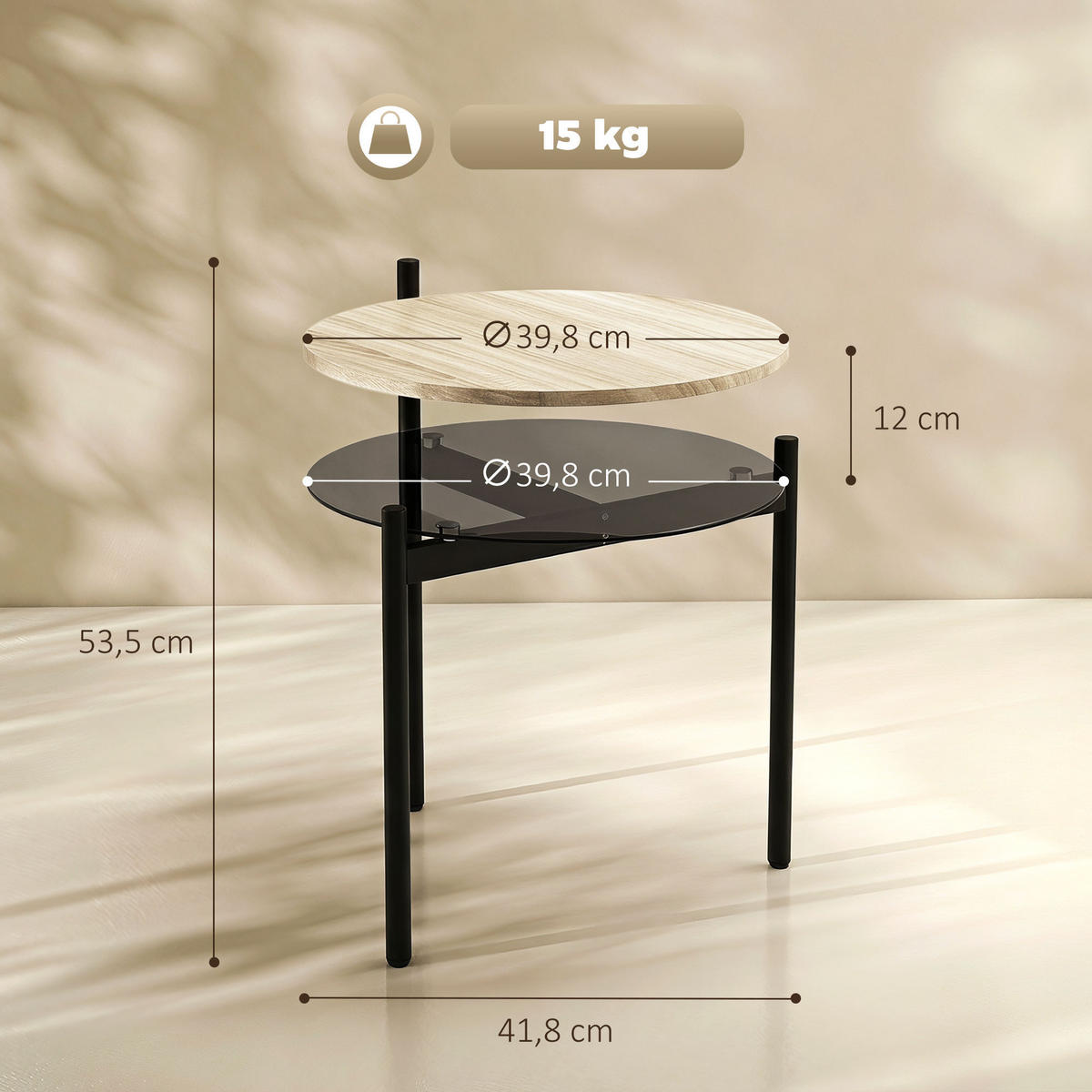 BEISTELLTISCH Spanplatte Glas Eiche - Eichefarben/Schwarz, Glas/Holzwerkstoff (41.8/39.8/53.5cm) - HOMCOM