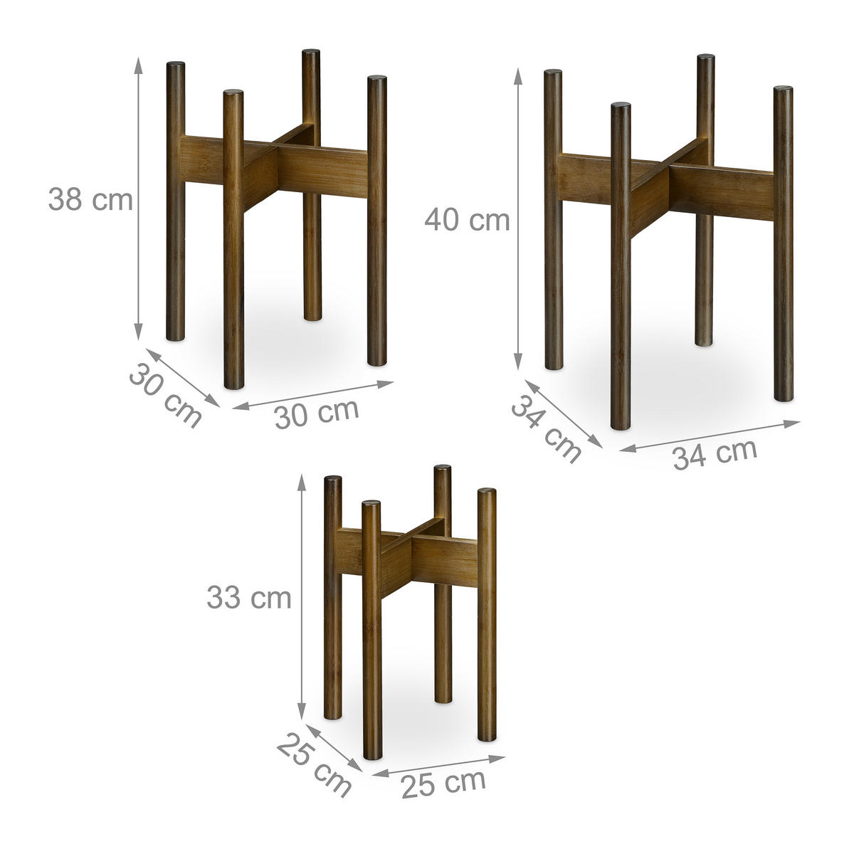 3XPFLANZENSTÄNDER - Braun, Holz (34/34/40cm) - Relaxdays