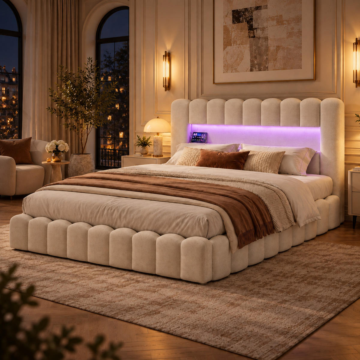 POLSTERBETT 160/200 cm mit LED-Kopfteil und hydraulischem Stauraum, modernes Schlafzimmerbett - Beige, Holz/Metall (160/200cm) - Joyfair